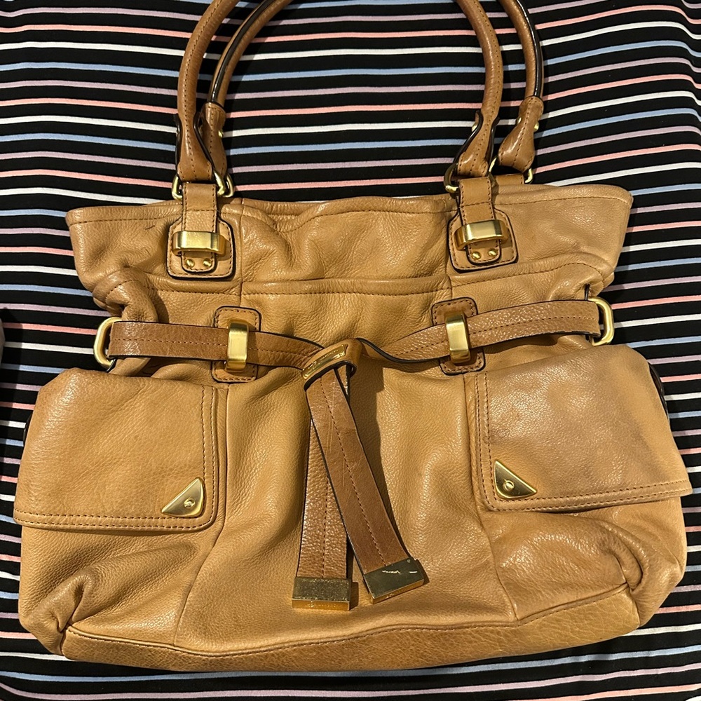 B. Makowsky Tan Leather Shoulder Bag with Gold Accents.